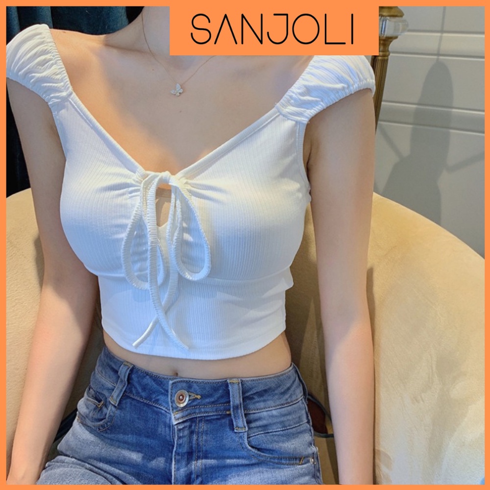 Áo Croptop Ôm SANJOLI Áo Croptop Trễ Vai Thắt Nơ Kiểu 2 Dây Bản To Sexy Bánh Bèo Thiết kế Hở Ngực AO054