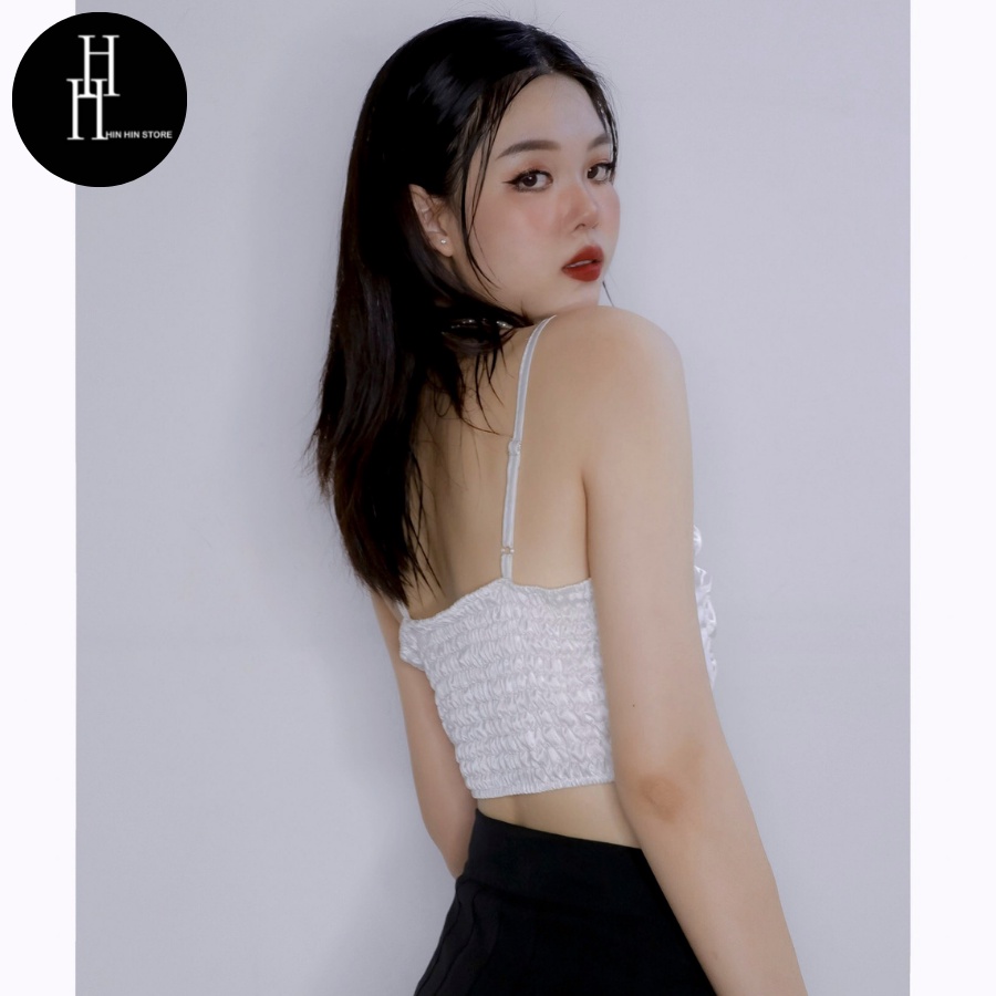Áo croptop ngắn đan dây viền bèo màu đen &amp; trắng HAC141 Hỉn Hỉn Store
