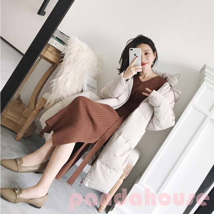 Women Dress Round Collar Knit Dress Autumn Slim Long Sleeve Mid-length Casual Sweater Belt Dress Wool Clothing