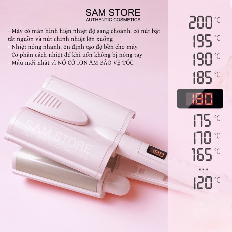 Máy 3 trục SAM STORE phủ ion tạo gợn sóng Hàn Quốc hiển thị đèn Led có phần cách nhiệt để khi uốn không bị nóng tay