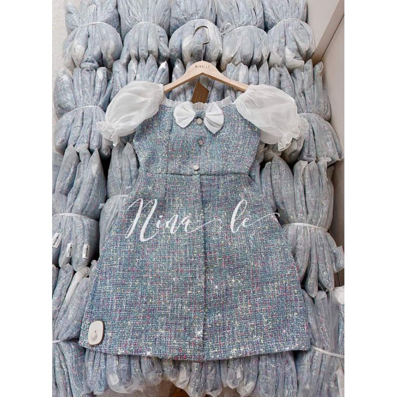 Váy dạ tweed xanh dương phối voan nơ cổ