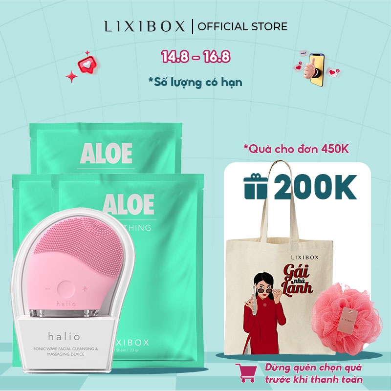 Combo Máy Rửa Mặt Halio Original và 3 Mặt nạ dưỡng da Lixibox - Aloe (23gr/mặt nạ)