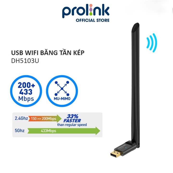 USB Wifi PROLiNK DH5103U băng tần kép 2.4/5G nhỏ gọn, sóng khoẻ
