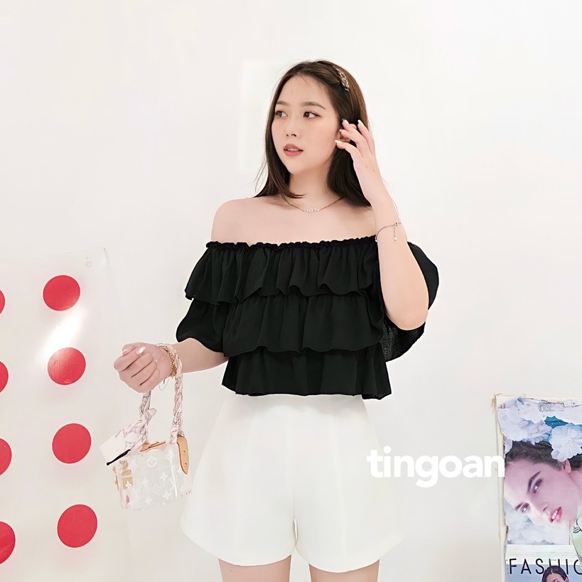 TINGOAN® - Áo trễ vai crop 3 tầng đen tingoan BOY BYE OFF/BL