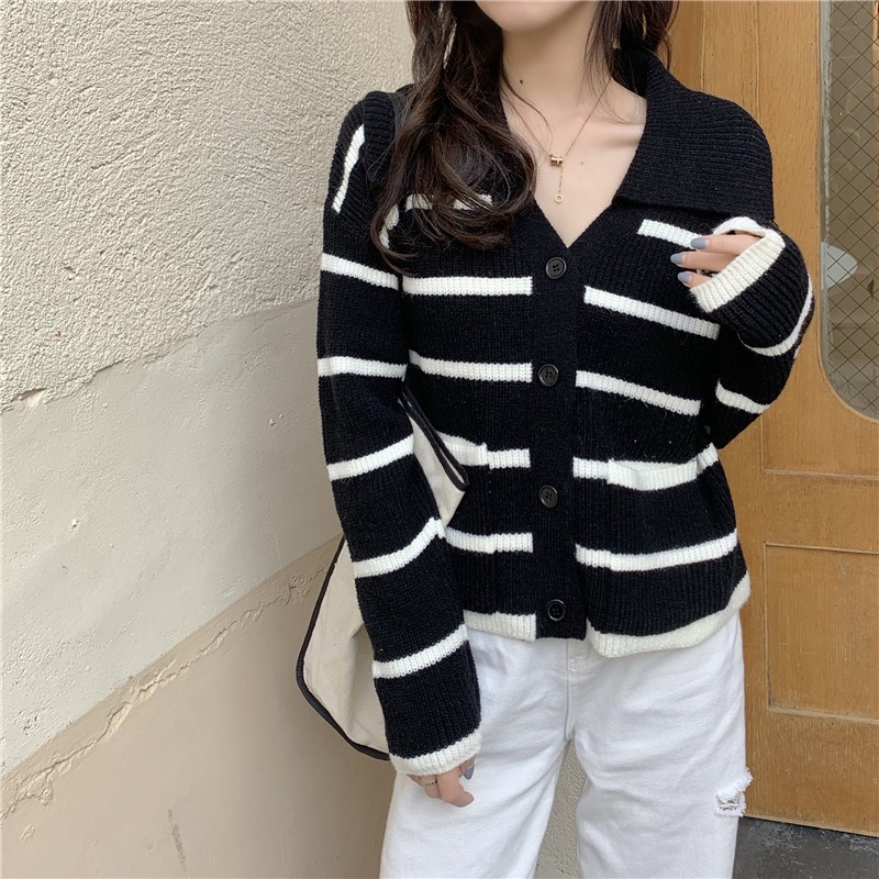 Áo Khoác Cardigan Dệt Kim Dáng Rộng Họa Tiết Kẻ Sọc Thời Trang Mùa Thu Mới Cho Nữ