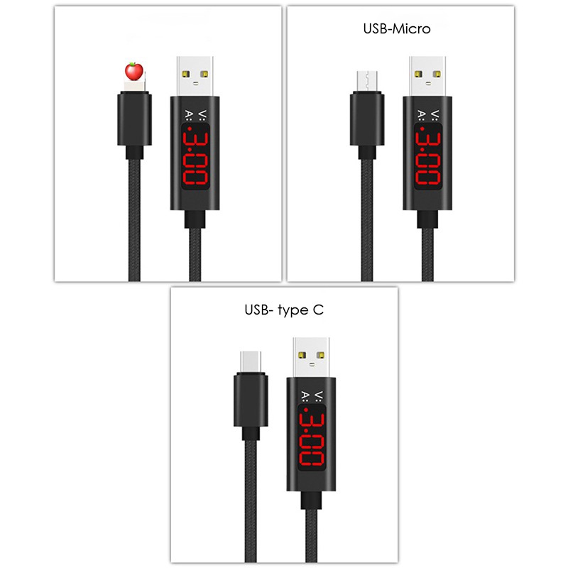 Ready Stock LCD Display 3A Quick Charge 3.0 Micro Type-C Lightning USB Charging Cable