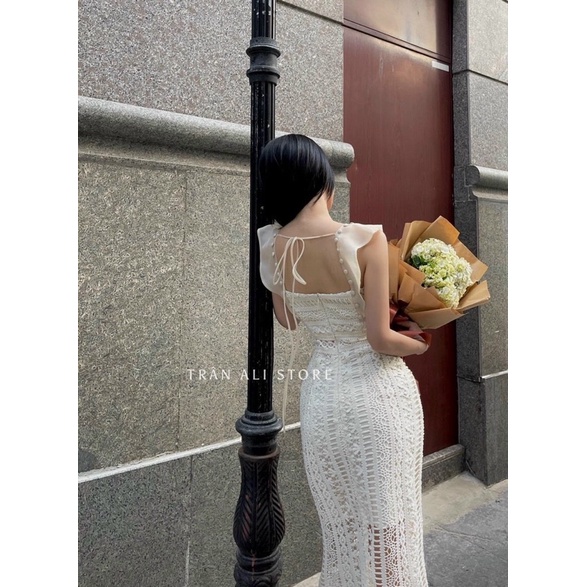 Đầm ren cánh tiên dự tiệc kết nút bọc hình ma nơ canh chụp thật
