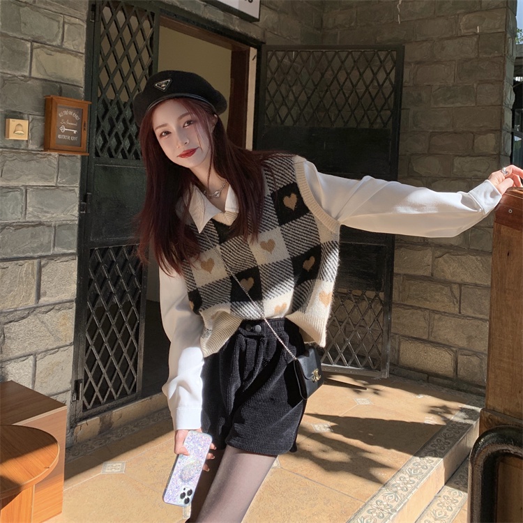 Áo sweater SUXI dệt kim sát nách dáng rộng cổ chữ V kẻ sọc thời trang mùa thu cho nữ