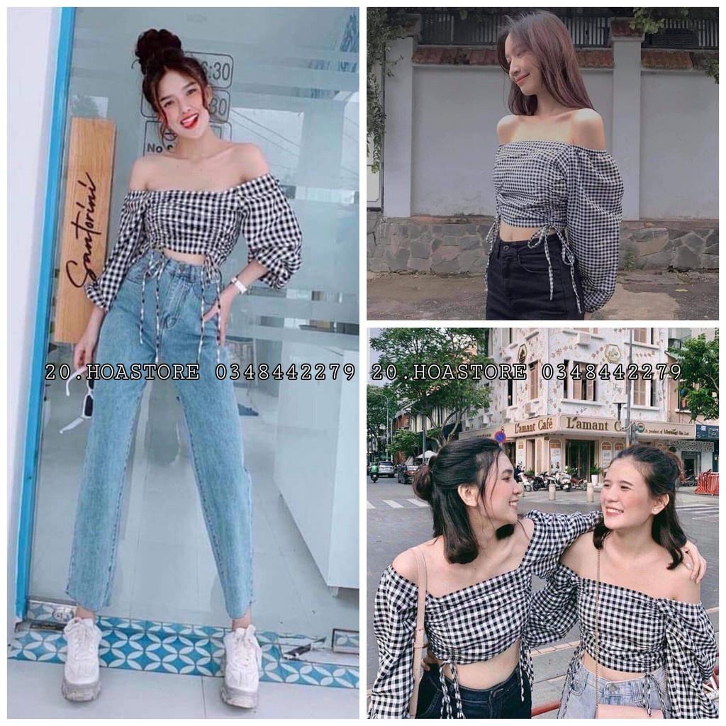 ÁO CROPTOP KẺ TRỄ VAI - ÁO CARO RÚT DÂY ULZZANG