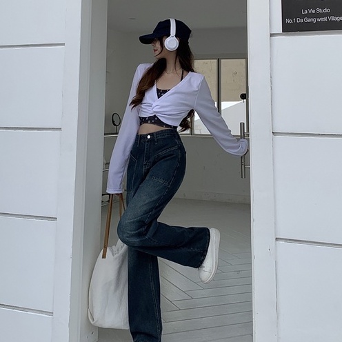 QKOOLE  quần jean nữ ống đứng lưng cao quần jean ống đứng đen