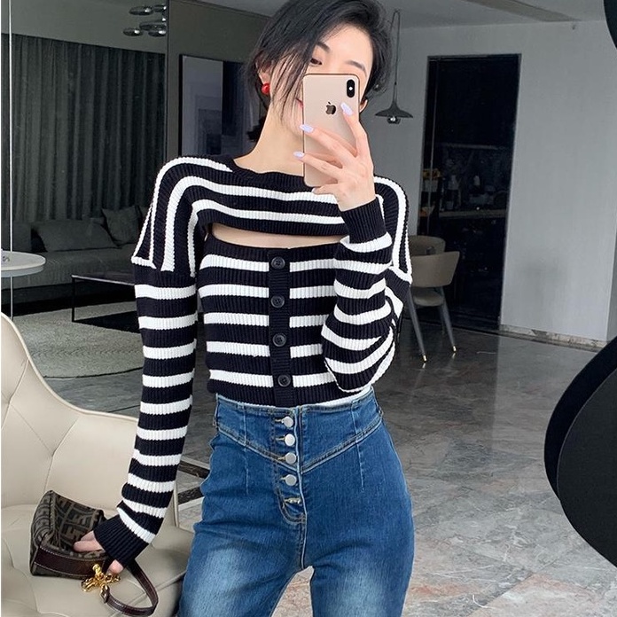 【ZHELIHANGFEI】Set Áo Hai Dây Dệt Kim Kẻ Sọc Phối Khăn Choàng Thời Trang Quyến Rũ Cho Nữ