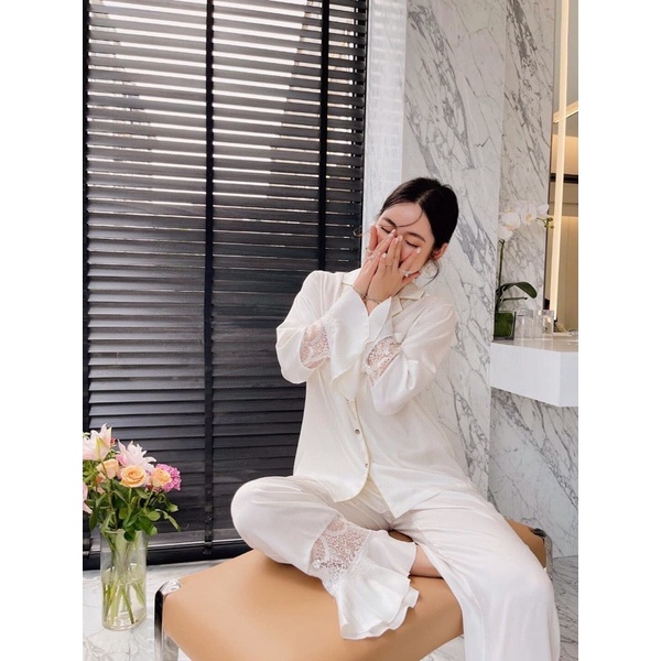 Pijama dài dài trơn trắng lụa satin cao cấp quảng châu