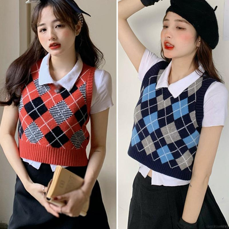 Áo tank top dệt kim cổ V họa tiết sọc caro màu tương phản thời trang cá tính cho nữ