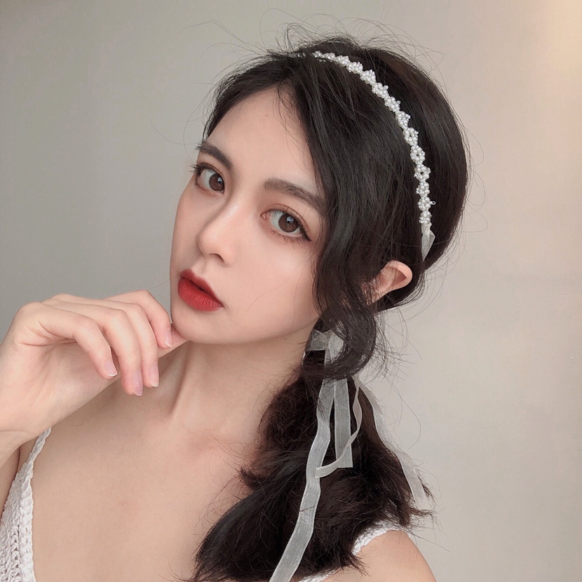 Dây Cột Tóc Ruy Băng Dài Đính Hạt Ngọc Trai Xinh Xắn