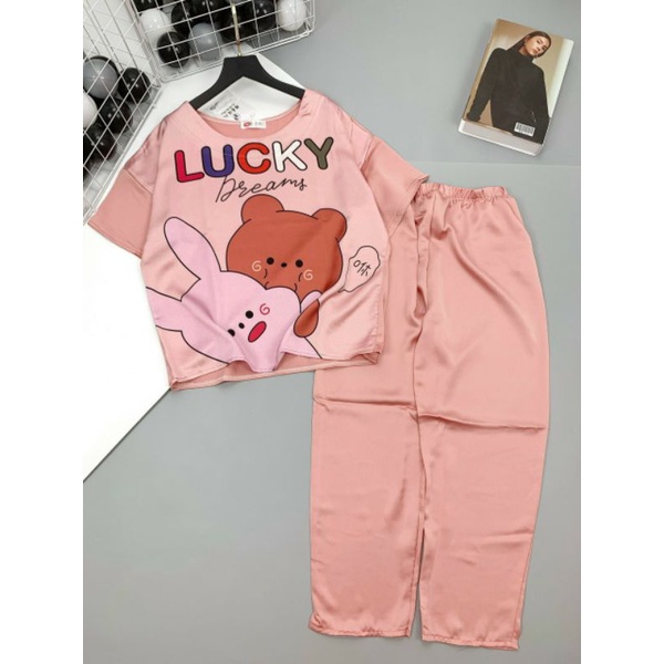 Set Bộ Satin Pijama Cổ Tròn Tay Lỡ Quần Dài Mặc Nhà Nữ