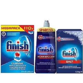 combo viên rửa bát finish 110 viên+nước làm bóng finish 1150ml+muối rửa bát finish 1,5kg dùng cho máy rửa bát