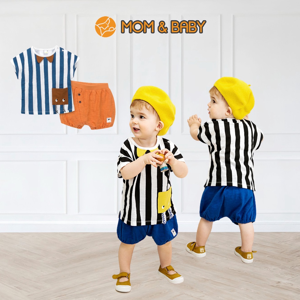 Set đồ bộ short thun cotton bé trai thương hiệu Hàn Quốc Pimpollo sọc xanh sọc đen MOM & BABY JLECE07