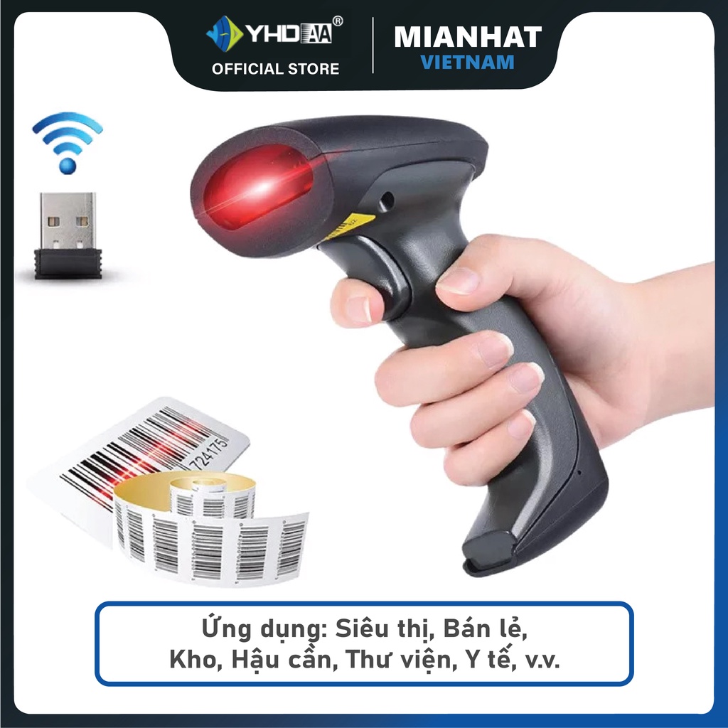 Đầu đọc mã vạch Barcode 1D không dây YHDAA 1200CW kết nối USB không dây dùng trên Laptop, PC - Kèm đế