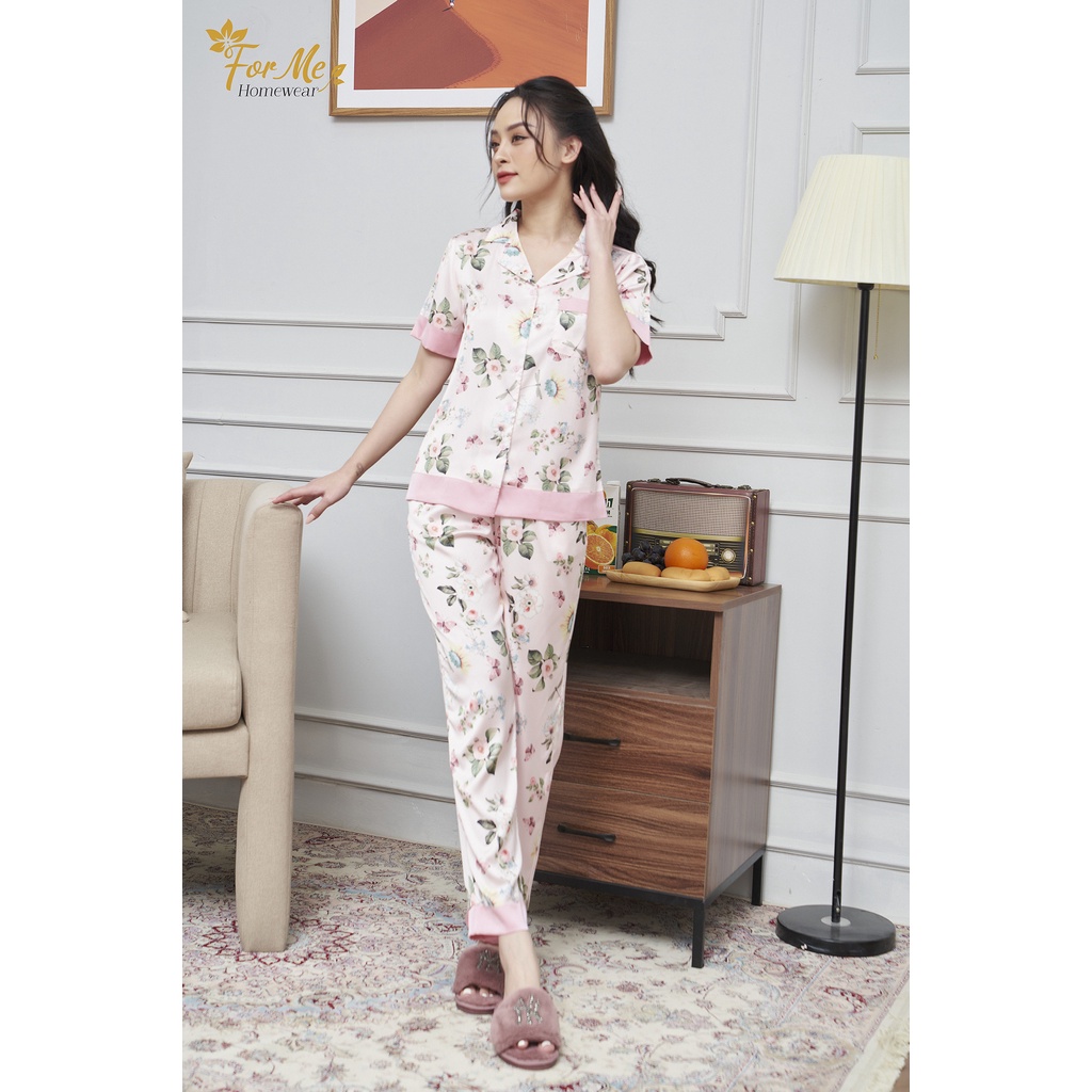 Bộ mặc nhà lụa giấy Luxury cao cấp họa tiết Hoa Bướm Hồng Phối 10, forme pijamas