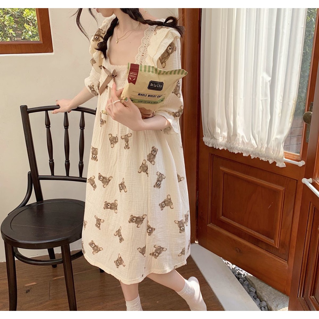 🔥 Đồ ngủ Ngắn Tay Phối Ren Kiểu Công Chúa Dễ Thương Cho Nữ đầm tiểu thư đầm ngủ dễ thương