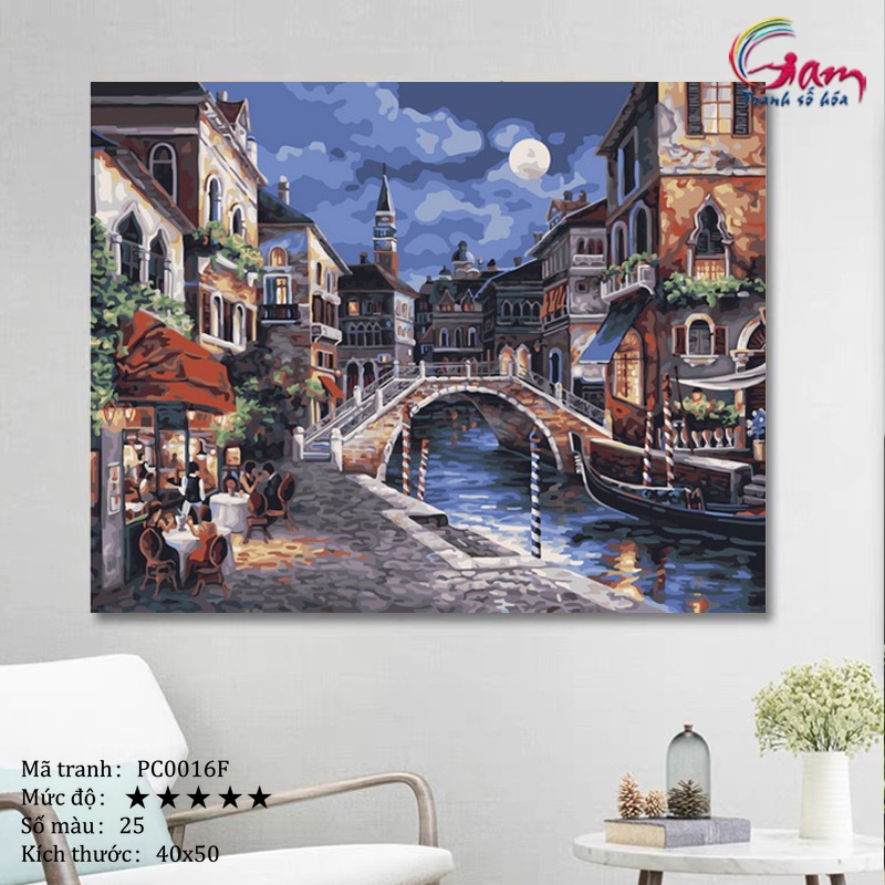 Tranh tô màu theo số phong cảnh đêm Venice có căng khung 40x50cm PC0016F