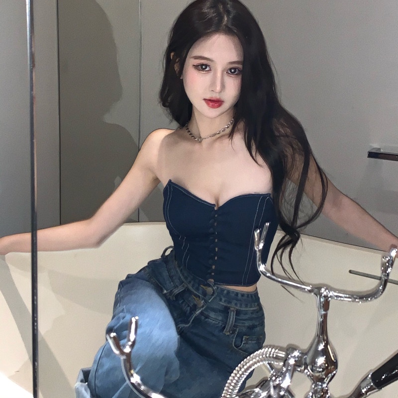 Áo Ống Không Tay Cổ Chữ V Chất Liệu Denim Thời Trang Mùa Hè