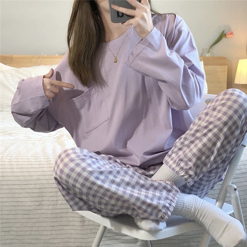 BỘ ĐỒ NGỦ MẶC NHÀ DÀI TAY COTTON TRƠN KÈM QUẦN CARO THU ĐÔNG HOT 2021