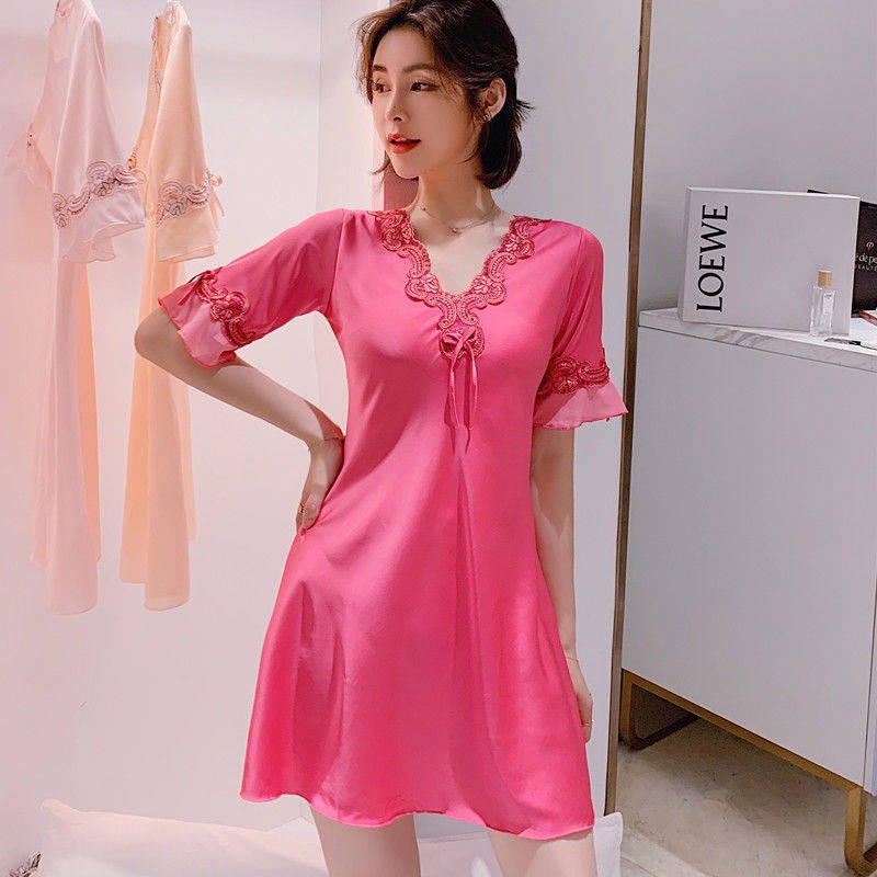 quyến rũ&kích thích& ✧Bộ đồ ngủ Phụ nữ mùa hè Nets Red Ice Silk Thời trang Nightdress Dress Trang chủ Có thể mặc váy đồ