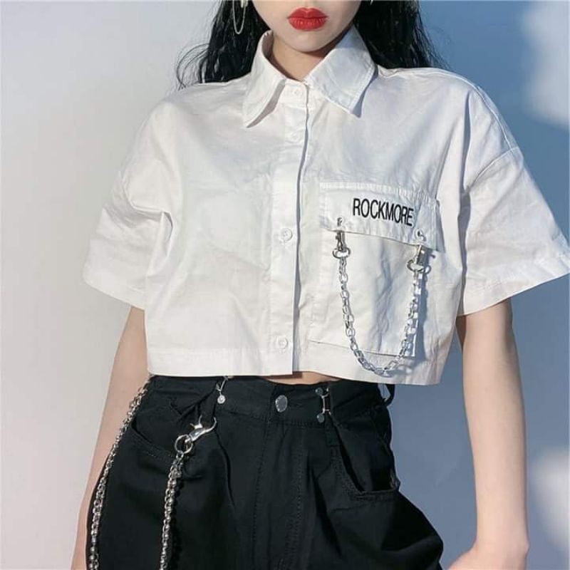 Áo sơ mi croptop phối xích túi hộp Ulzzang