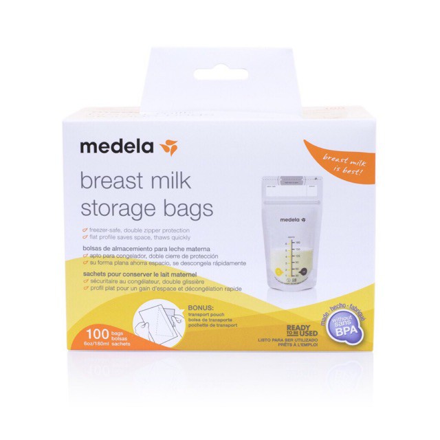 Túi trữ sữa Medela hộp 100 chiếc, dung tích 180ml 3 khóa zip bảo quản sữa trữ đông, đựng sữa an toàn