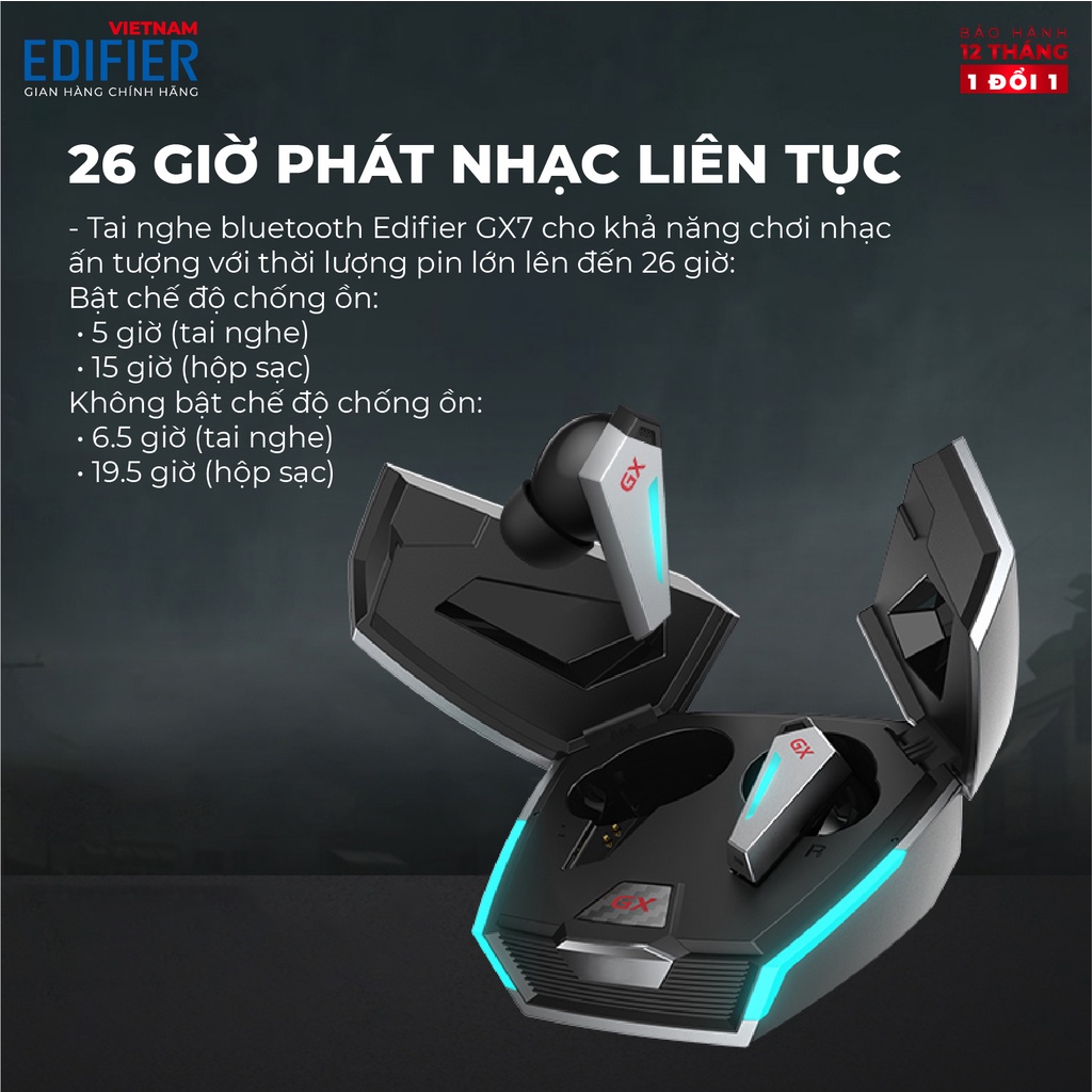 Tai nghe True Wireless Gaming EDIFIER GX07 | 26 giờ phát nhạc | Khử tiếng ồn ANC | Driver 8mm, Game Mode | BH 12 Tháng