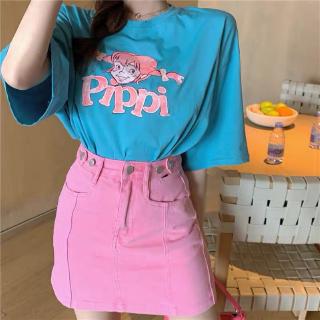 Váy denim màu hồng Mùa hè cao đến eo A-line Váy ngắn phù hợp