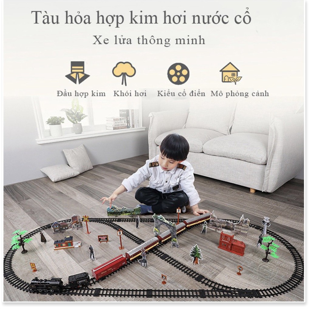 Bộ đồ chơi lắp ráp tàu hỏa Hiệu ứng ánh sáng Hơi nước và khói - 181x78cm