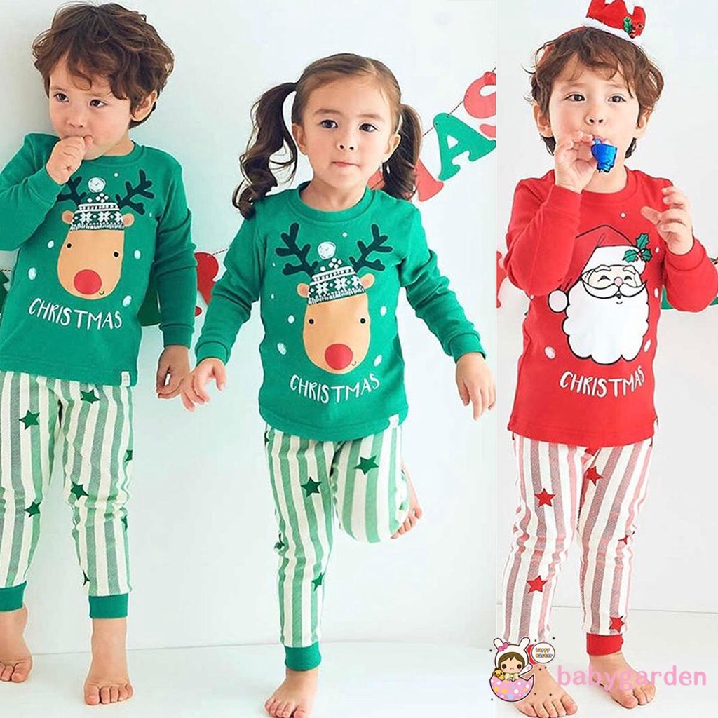 ღ♛Bộ Đồ Ngủ 2 Món Áo Cotton Tay Dài Cổ Tròn In Hình Ông Già Noel Tuần Lộc Dành Cho Trẻ Em 1-6 Tuổi
