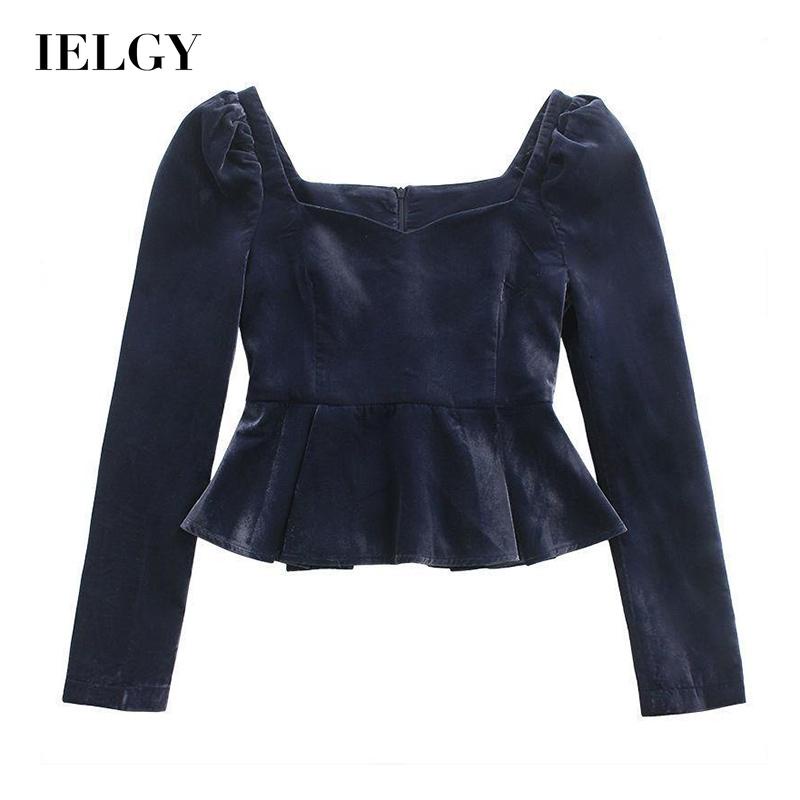 Áo kiểu IELGY vải nhung cổ vuông dài tay màu xanh dương thời trang retro kiểu Pháp