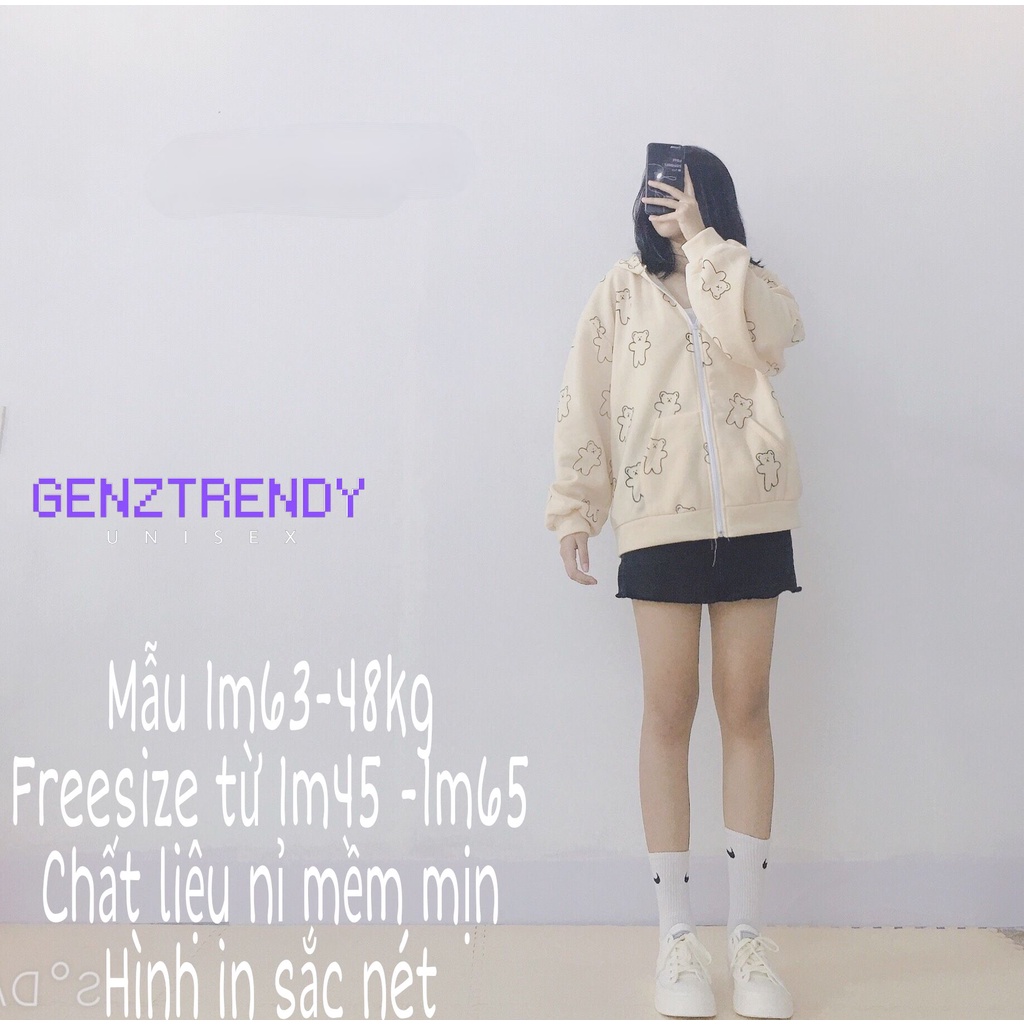 Áo khoác nỉ có mũ kéo khoá in hình gấu dễ thương hai màu trắng và be