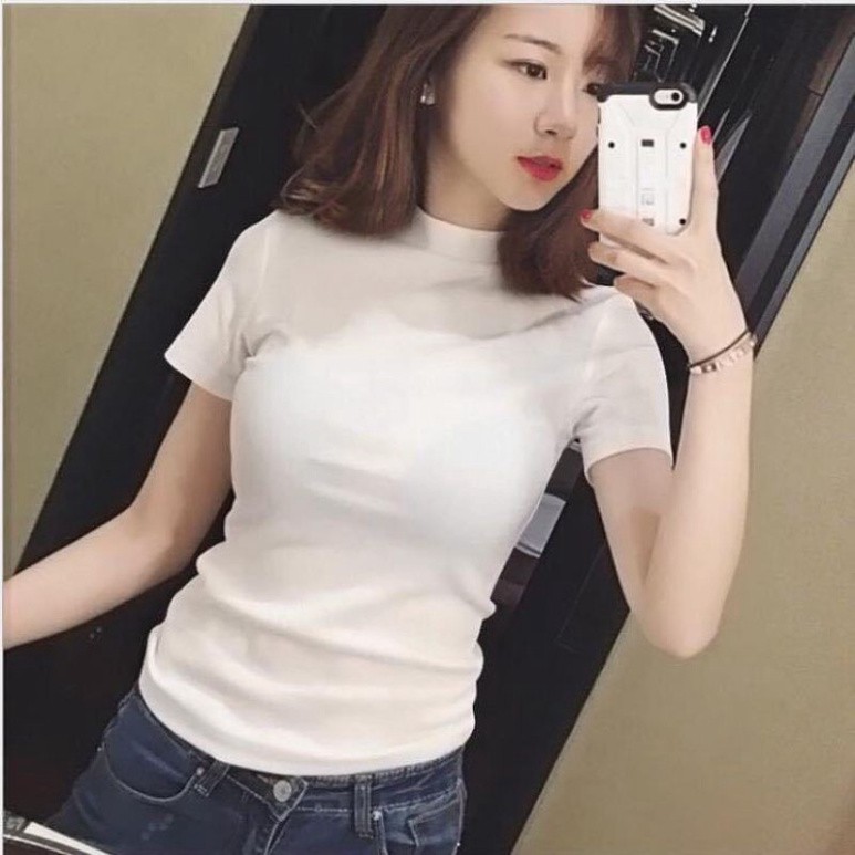 Áo thun nữ Cổ lọ tay ngắn bh668 nhiều màu chất vải cotton co giãn ôm dáng cổ cao