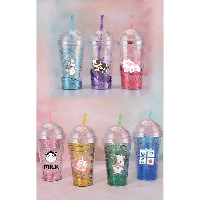 cốc 2 lớp bò sữa kim tuyến CNKI34 cốc giữ nhiệt ly 2 lớp cốc làm lạnh dễ thương 500ml