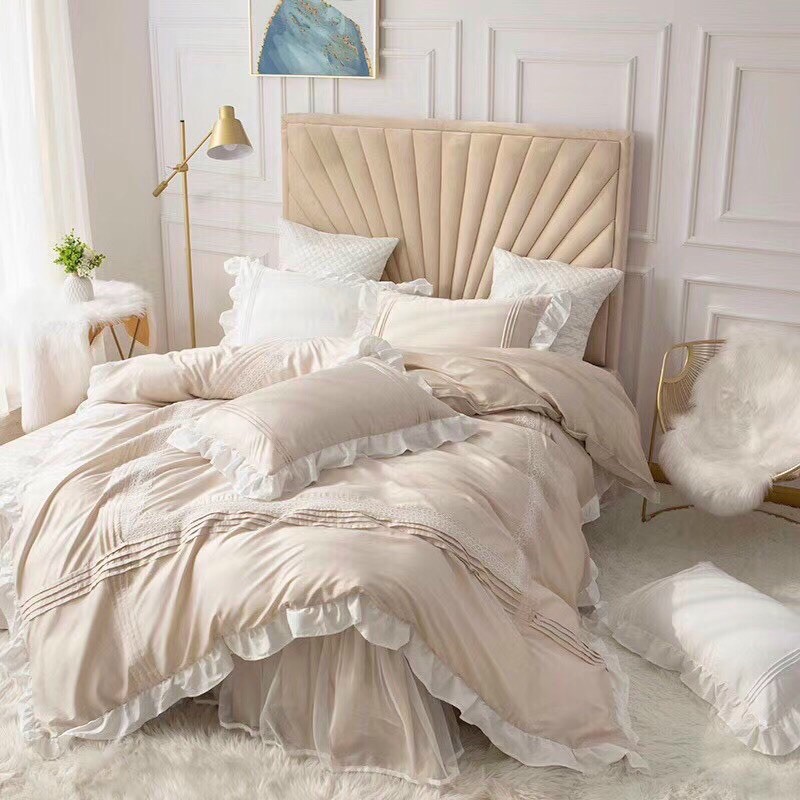 Bộ Chăn Ga Gối Cotton Lụa Bèo Ren Công Chúa Hàng Nhập Khẩu Cao Cấp 4 Món 4 Màu Nhẹ Nhàng