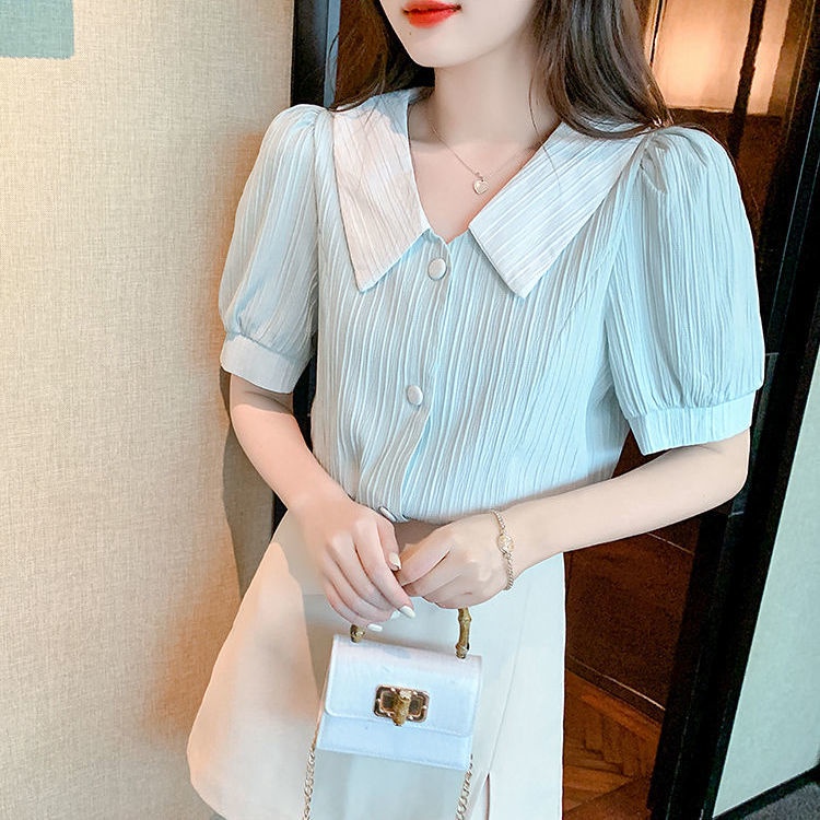 Áo Sơ Mi Tay Ngắn Phồng Cổ Bẻ Thời Trang Mùa Hè Phong Cách Mới Cho Nữ