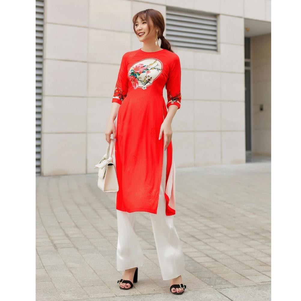 Áo Dài Cách Tân Nữ Đỏ Tết Cổ Tròn Tay Lỡ Vải Gấm Giãn Màu Trơn In Hoạ Tiết Có Nhiều Size | BigBuy360 - bigbuy360.vn