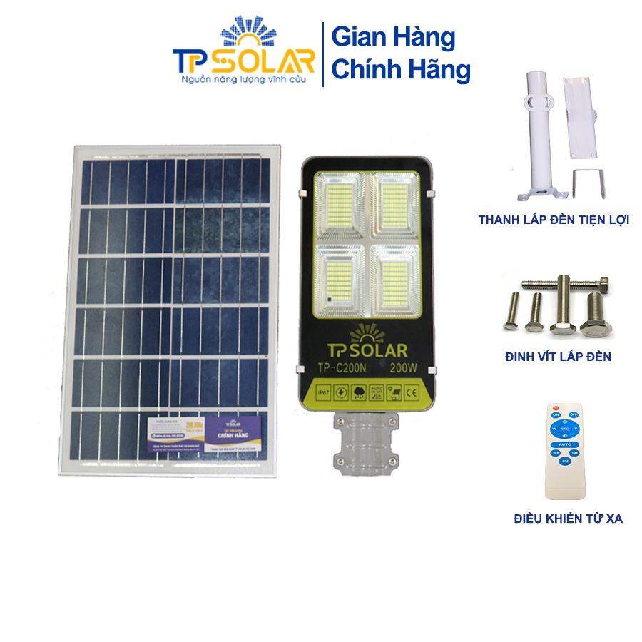 Đèn Bàn Chải Năng Lượng Mặt Trời TP Solar TP-C200N Công Suất 200W Chống Nước IP66, Cảm Biến Tự Động