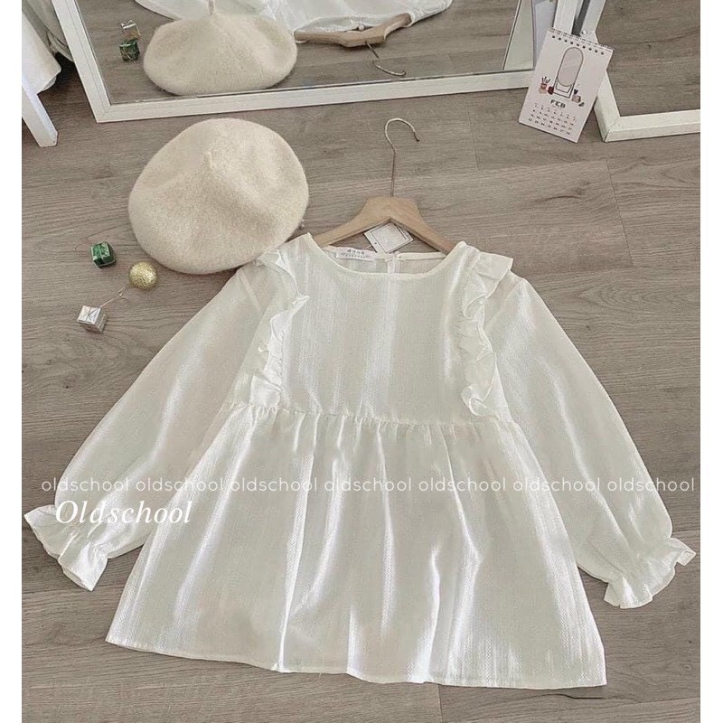 Áo babydoll trắng viền ren bèo chun tay ulzzang