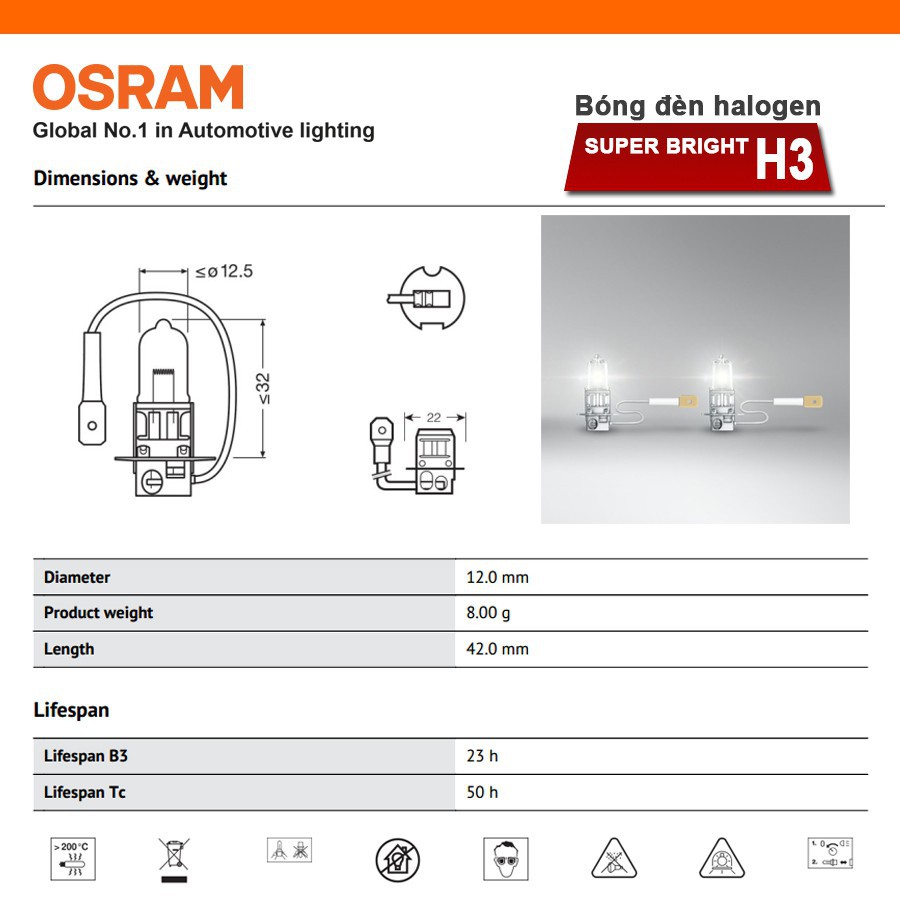 Bóng đèn halogen OSRAM SUPER BRIGHT H3 24v 100w - Nhập Khẩu Chính Hãng