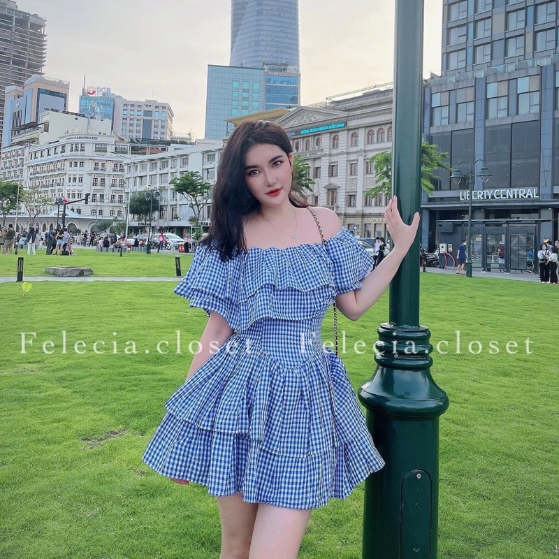 Váy Kẻ Trễ Vai Tầng Xanh Đen Hot Hit Có Ảnh Thật Kèm Video