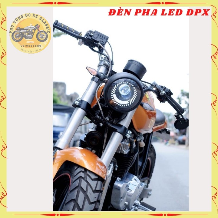 Đen led pha cao cấp, đèn xe máy độ CAFE RACER dạng xoắn gáo sắt sơn đen mặt kính