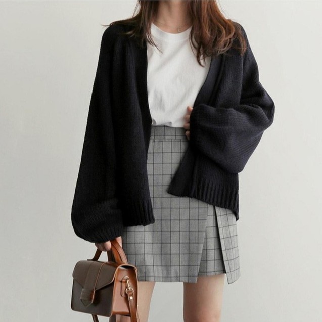 🌱🌱Áo khoác Cardigan dệt kim dáng rộng màu đen/xanh dương thời trang cho nữ