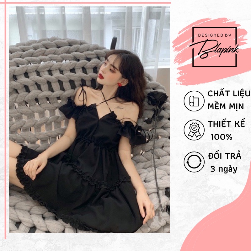 Váy 2 dây trễ vai Blapink váy babydoll hai dây đen phong cách ulzzang T64