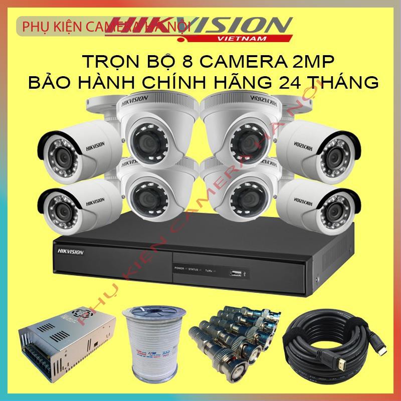 Trọn Bộ 8 Camera Hikvision 2MP Hàng chính hãng kèm 10m / camera dây đồng trục bấm sẵn Đầy đủ phụ kiện lắp đặt