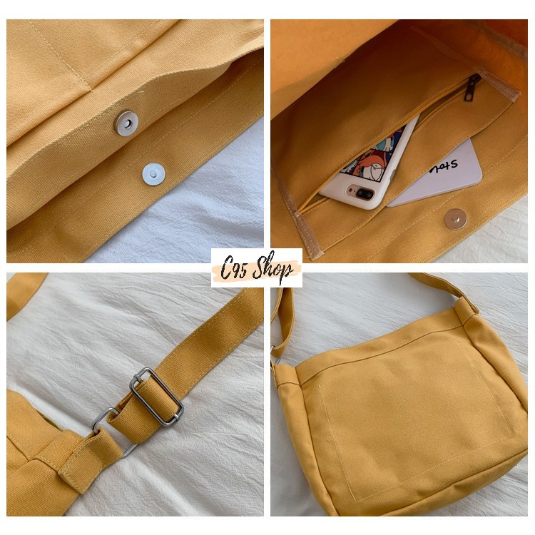 Túi tote đeo chéo nữ vải canvas phong cách ulazzang có túi con bên trong, T024